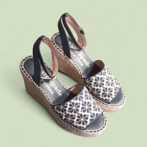 Kate Spade Navy Blue Fab Jacquard Spade Flower Wedge Espadrille Sandals